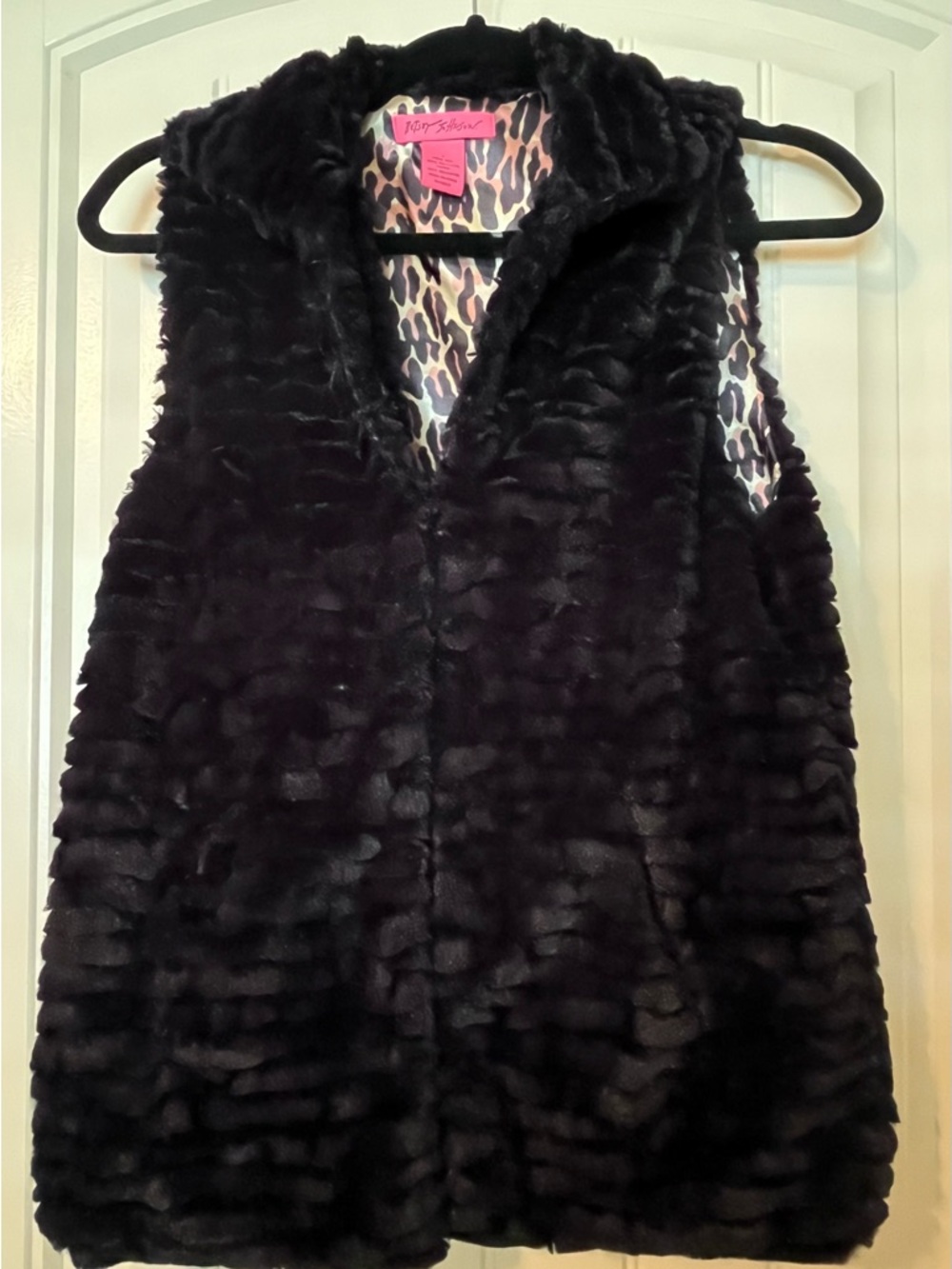 Betsey Johnson Vintage Black Faux Fur Vest with Leopard Lining Size Small